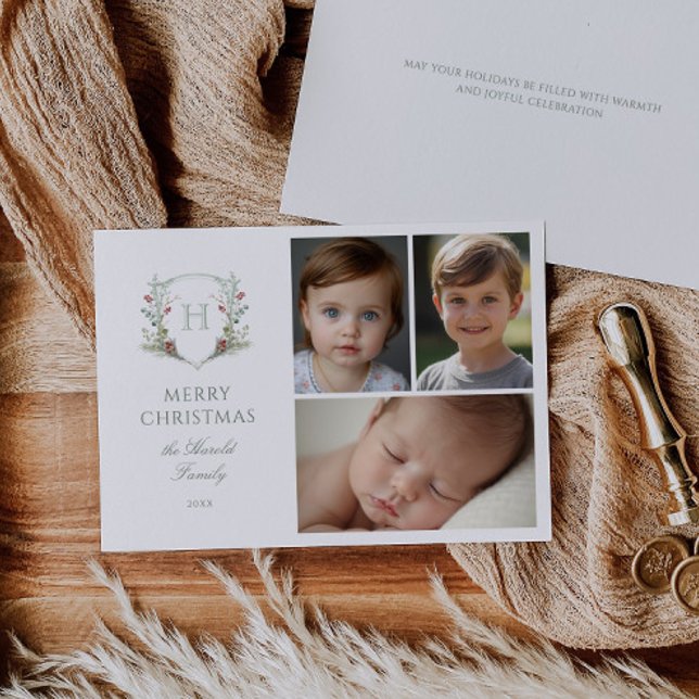 Christmas Crest 3 Photo Holiday Card (Creator Uploaded)