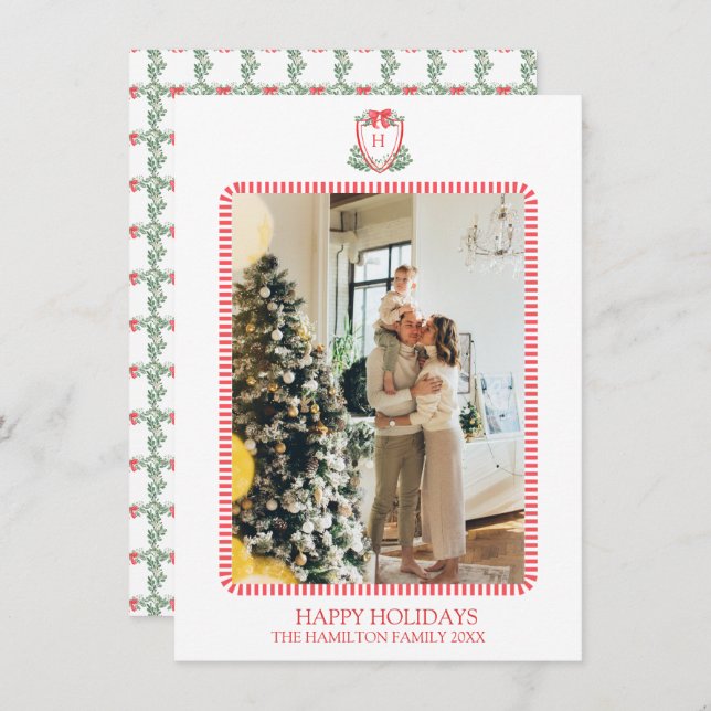 Christmas Crest Monogram Photo Grandmillennial Holiday Card (Front/Back)
