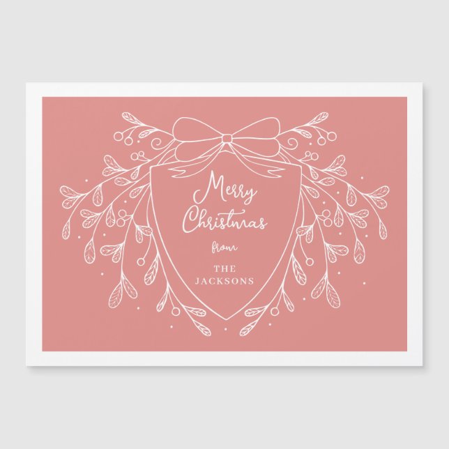 Christmas crest pink white line art mistletoe magnetic invitation (Front)