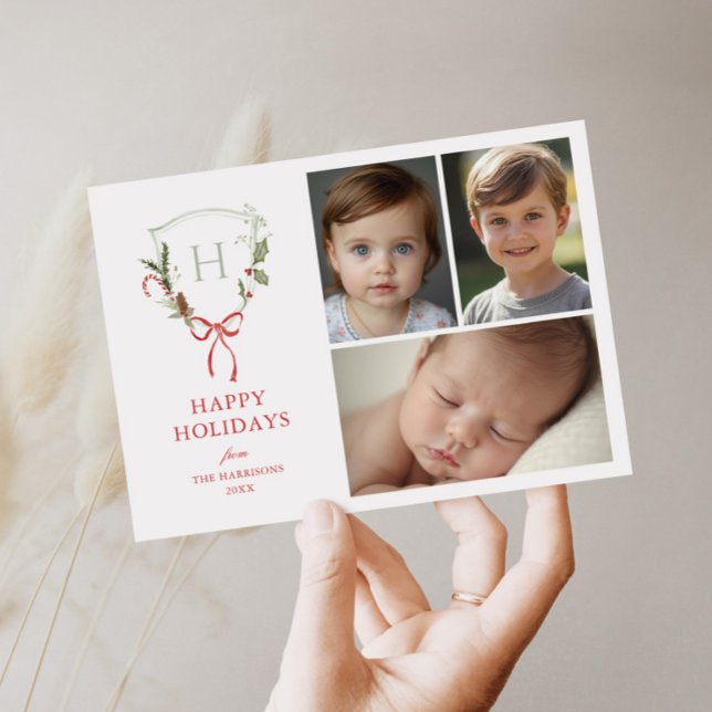 Christmas Crest Red Bow Photo Holiday Card (Creator Uploaded)