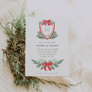 Christmas Crest   Whimsical Red and Green Wedding Invitation
