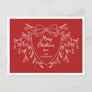 Christmas crest with mistletoe festive red & white holiday postcard