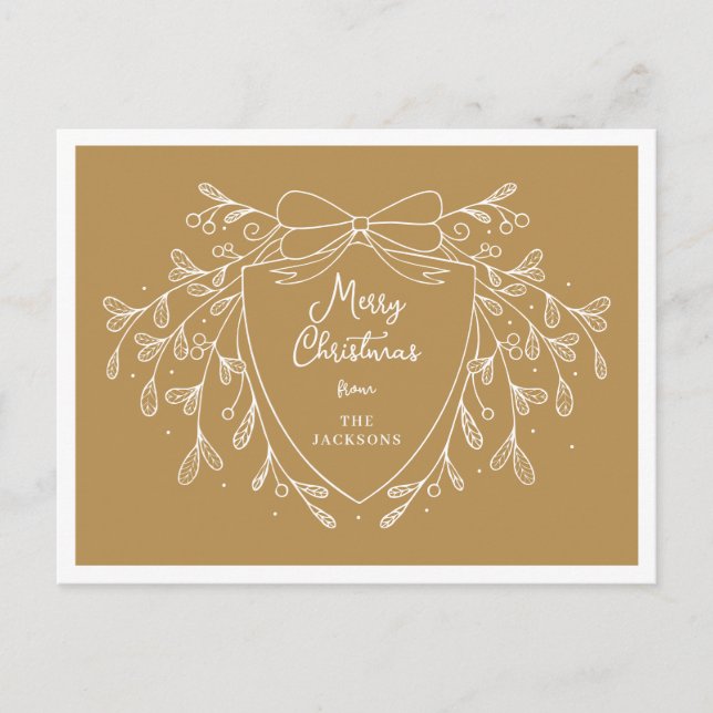 Christmas crest with mistletoe Gold and white Holiday Postcard (Front)