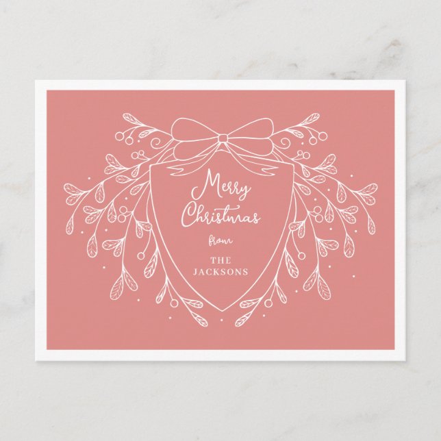 Christmas crest with mistletoe pink and white holiday postcard (Front)