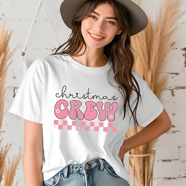 Christmas Crew Groovy Retro Pink Typography Tri-Blend Shirt (Creator Uploaded)