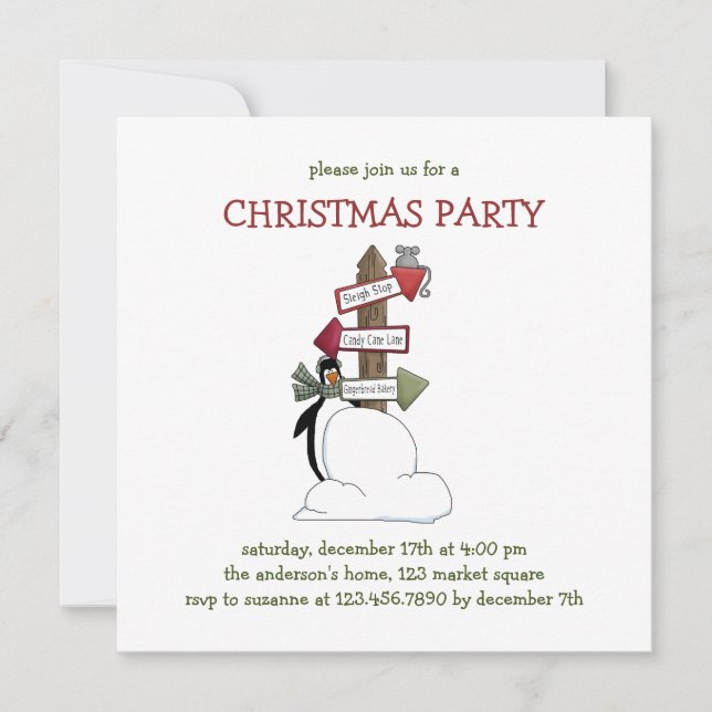 Christmas Critters · Penguin & Signpost Invitation (Front)