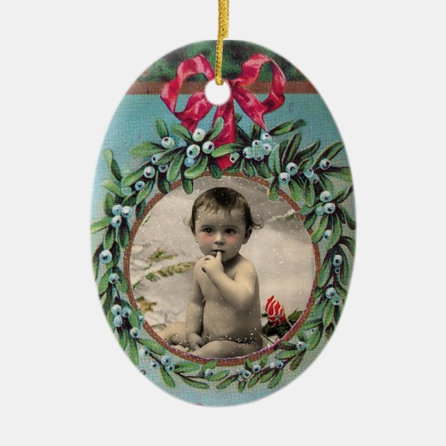 CHRISTMAS CROWN STOCKING,MISTLETOES PHOTO TEMPLATE CERAMIC TREE DECORATION (Front)