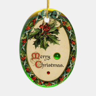 CHRISTMAS CROWN WITH HOLLY BERRIES AND GEM STONES CERAMIC TREE DECORATION