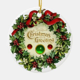 CHRISTMAS CROWN WITH MISTLETOES AND HOLLY BERRIES CERAMIC TREE DECORATION