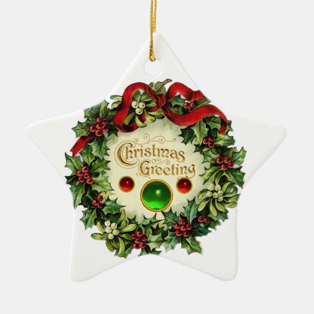 CHRISTMAS CROWN WITH MISTLETOES AND HOLLY BERRIES CERAMIC TREE DECORATION (Front)