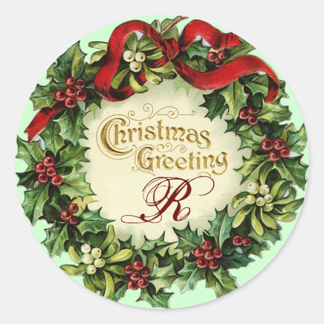 CHRISTMAS CROWN WITH MISTLETOES AND HOLLY BERRIES CLASSIC ROUND STICKER (Front)