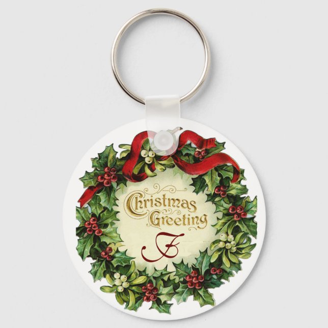 CHRISTMAS CROWN WITH MISTLETOES AND HOLLY BERRIES KEY RING (Front)