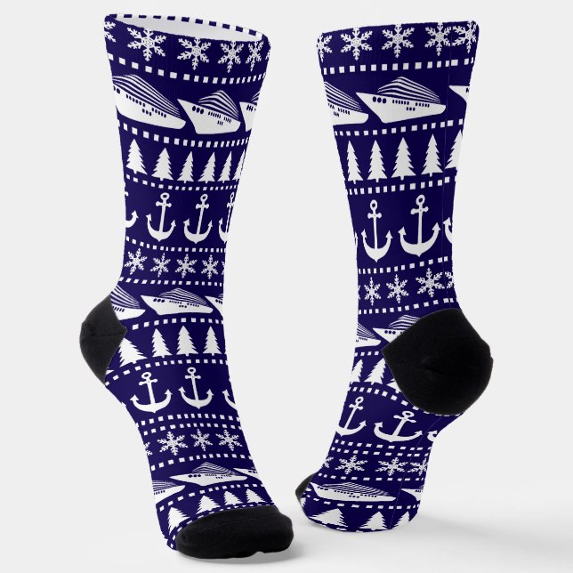 Christmas Cruise Ship Patterned Navy Blue Socks (Angled)