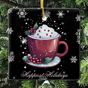 Christmas Cup of Hot Chocolate   Black Ceramic Ornament