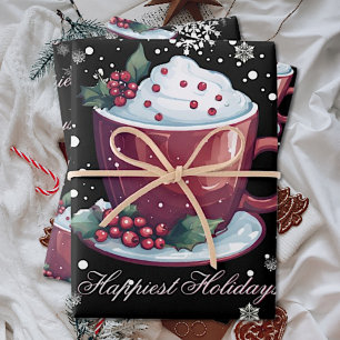 Christmas Cup of Hot Chocolate   Black Wrapping Paper Sheet
