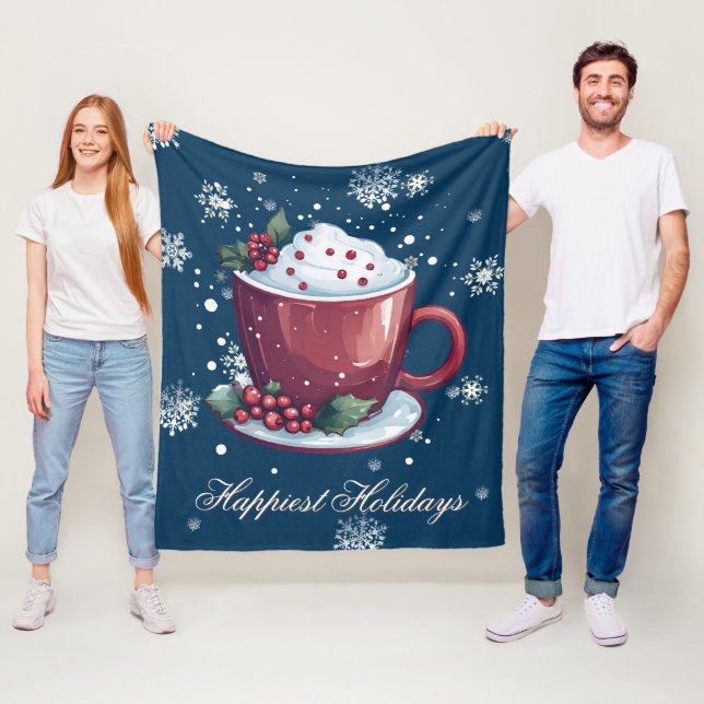 Christmas Cup of Hot Chocolate | Blue Fleece Blanket (In Situ)