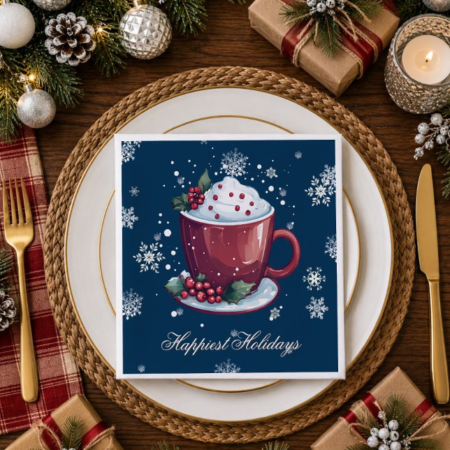 Christmas Cup of Hot Chocolate | Blue Napkin (Christmas Cup of Hot Chocolate Blue Party Napkins)