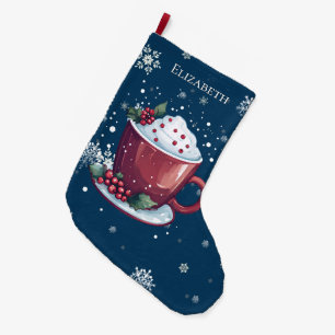 Christmas Cup of Hot Chocolate Blue Personalised Large Christmas Stocking