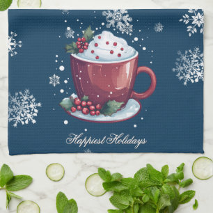 Christmas Cup of Hot Chocolate   Blue Tea Towel