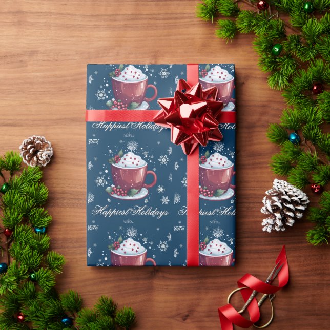 Christmas Cup of Hot Chocolate | Blue Wrapping Paper (Holiday Gift)