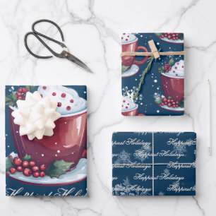 Christmas Cup of Hot Chocolate   Blue Wrapping Paper Sheet