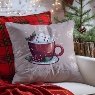 Christmas Cup of Hot Chocolate Blush Pink Cushion