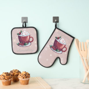 Christmas Cup of Hot Chocolate Blush Pink Oven Mitt & Pot Holder Set
