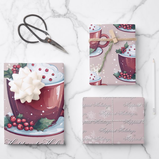 Christmas Cup of Hot Chocolate | Blush Pink Wrapping Paper Sheet (Front)