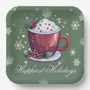 Christmas Cup of Hot Chocolate Green Paper Plate