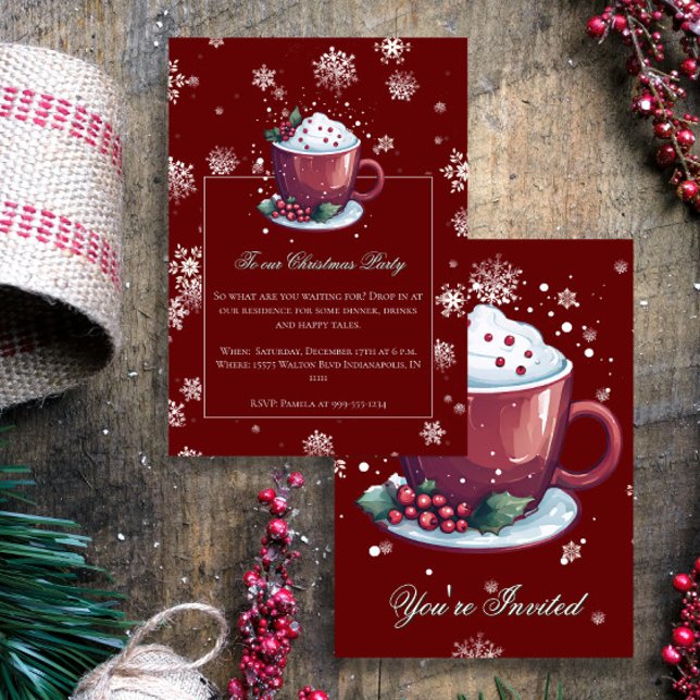 Christmas Cup of Hot Chocolate Holiday Party Red Invitation (Red Christmas Cup of Hot Chocolate Party Invitation)