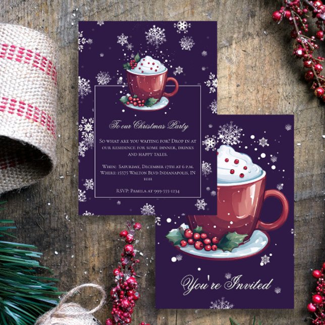 Christmas Cup of Hot Chocolate Party Purple Invitation (Purple Christmas Cup of Hot Chocolate Party Invitation)