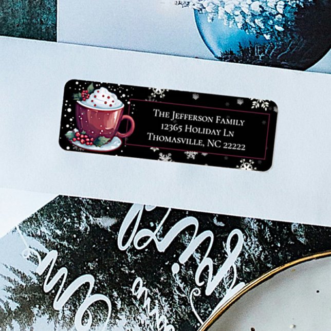 Christmas Cup of Hot Chocolate Personalised Black (Christmas Cup of Hot Chocolate Personalized Address Label)