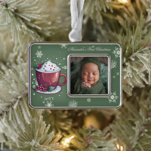 Christmas Cup of Hot Chocolate Photo   Green Silver Plated Framed Ornament