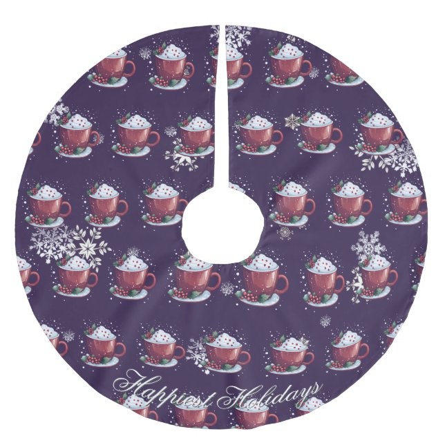 Christmas Cup of Hot Chocolate | Purple Brushed Polyester Tree Skirt (Front)