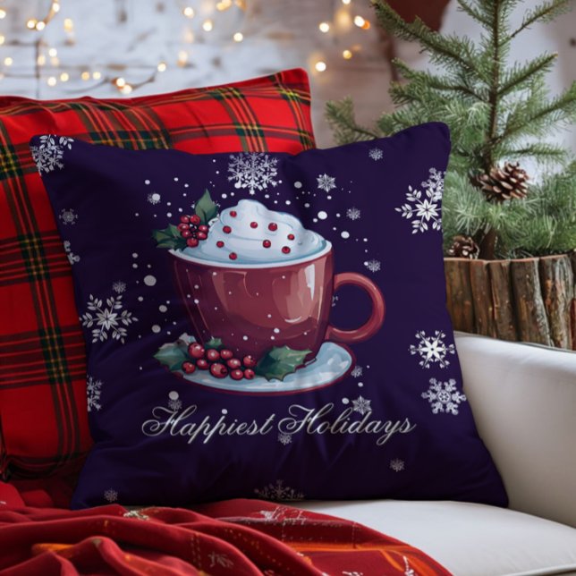Christmas Cup of Hot Chocolate | Purple Cushion (Purple Christmas Cup of Hot Chocolate Throw Pillow)