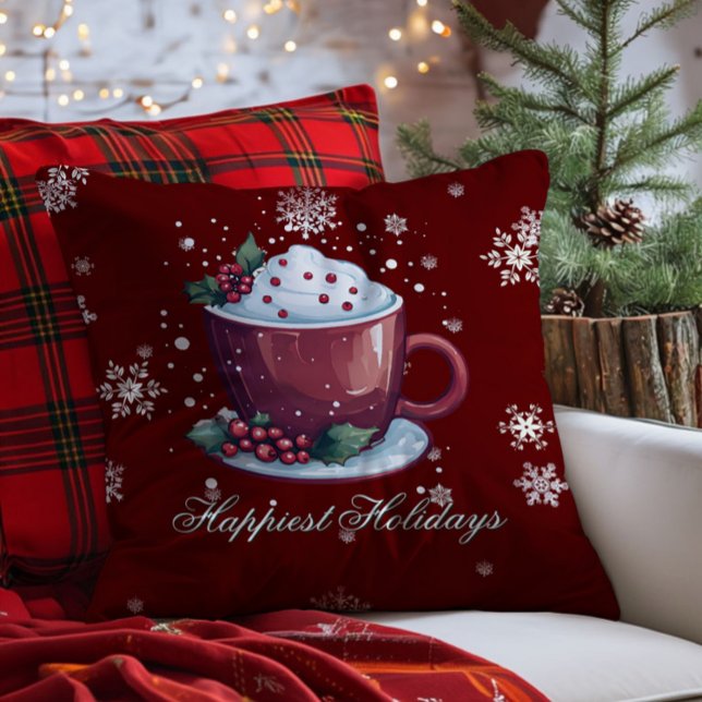 Christmas Cup of Hot Chocolate | Red Cushion (Red Christmas Cup of Hot Chocolate Throw Pillow)