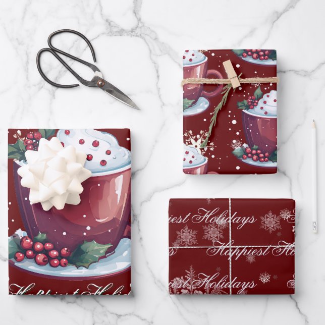 Christmas Cup of Hot Chocolate | Red Wrapping Paper Sheet (Front)