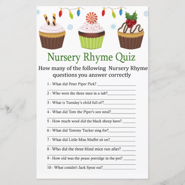 christmas cupcakes Nursery Rhyme Quiz baby shower (Front)