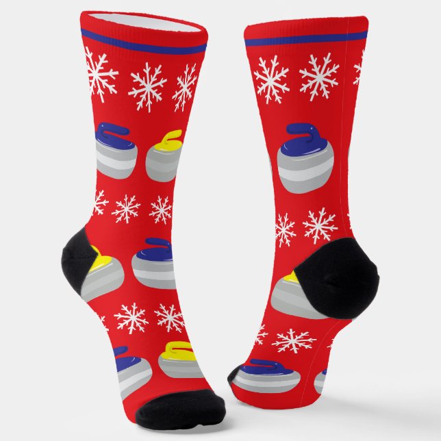 Christmas Curling Stones and Snowflakes Ice Sport Socks (Angled)