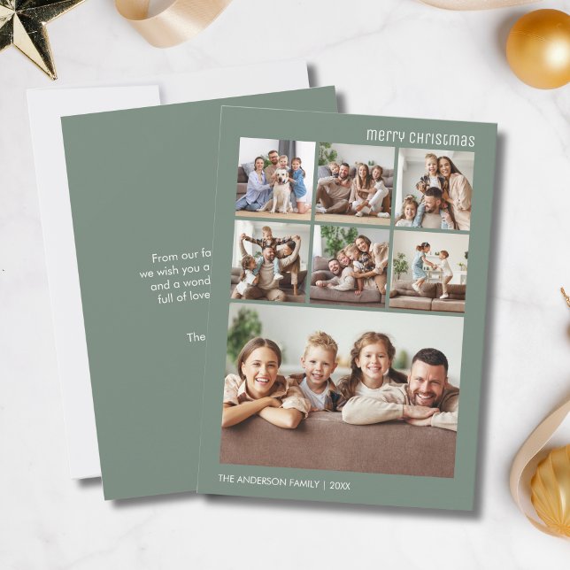 Christmas Custom 7 Family Photo Collage Sage Green Holiday Card (Christmas Custom 7 Family Photo Collage Sage Green Holiday Card)