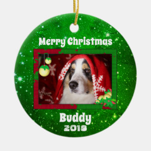 Christmas Custom Dog Pet Photo Name Year Green Ceramic Tree Decoration