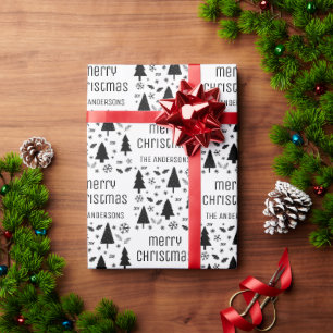 Christmas Custom Family Name Black White Wrapping Paper