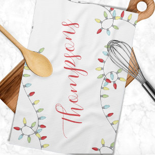 Christmas Custom Family Name String Lights Tea Towel