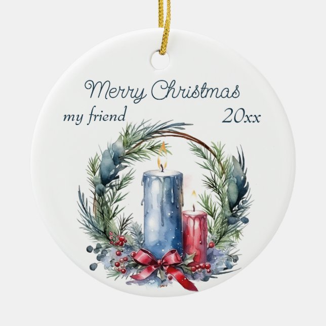 Christmas Custom Friend Candles Wreath Ceramic Tree Decoration (Front)