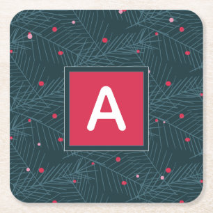 Christmas Custom Monogram Red Green Holiday Square Paper Coaster