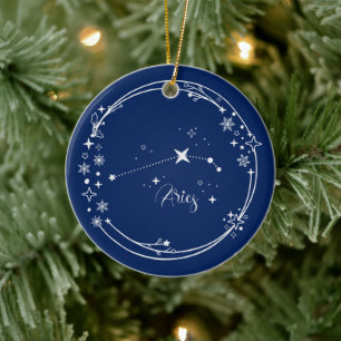 Christmas Custom Name Aries Zodiac Blue Silver Ceramic Tree Decoration