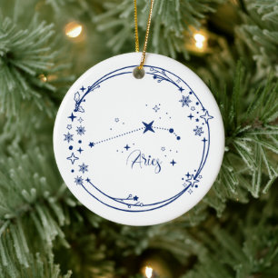 Christmas Custom Name Aries Zodiac Sign Stars Blue Ceramic Tree Decoration