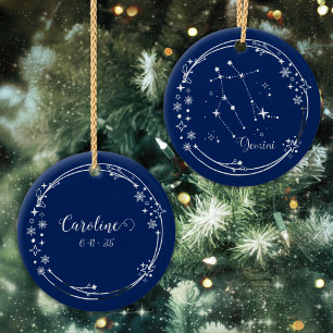 Christmas Custom Name Gemini Zodiac Blue Silver Ceramic Tree Decoration