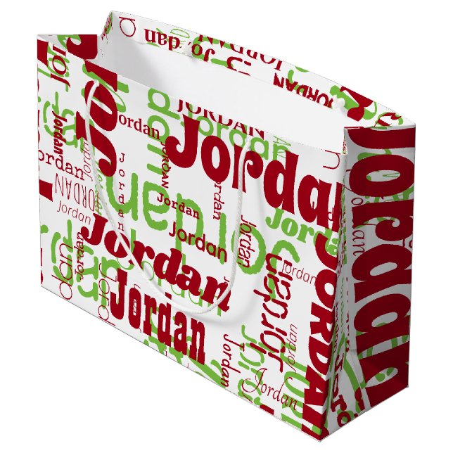 Christmas Custom Name Pattern White  Red Green  Large Gift Bag (Back Angled)
