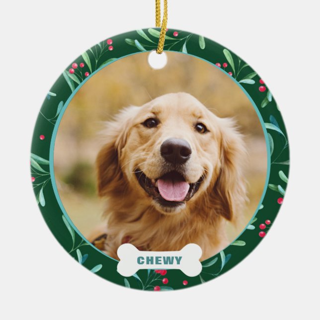   Christmas Custom Pet Photo Leaves Berries Ceramic Tree Decoration (Front)